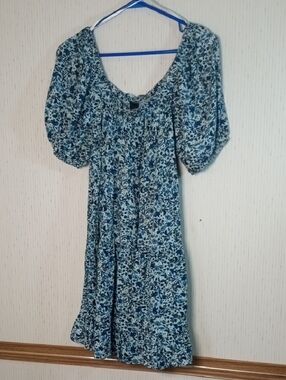 Wild Fabel  Blue Floral Midi Dress with Puff Sleeves, Beachy, Coastal Core, Sum